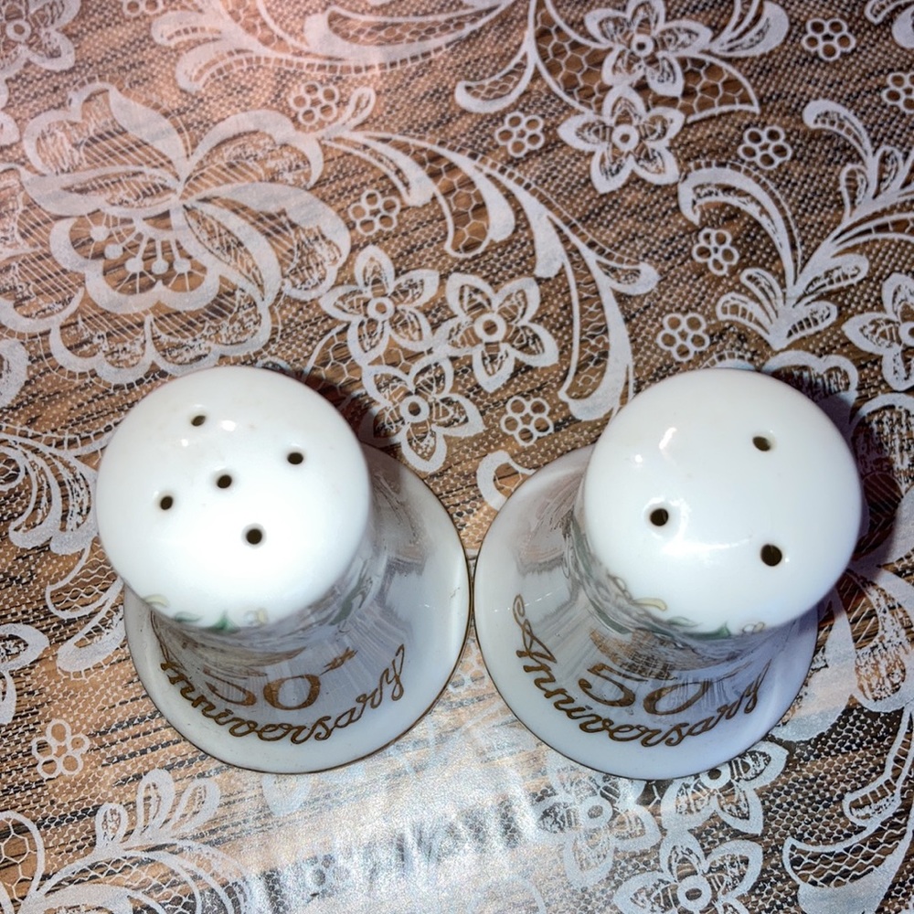 LEFTON china 50th Anniversary salt & pepper shakers, 2 1/2” hi x 2”.  $19 - Picture 4 of 4